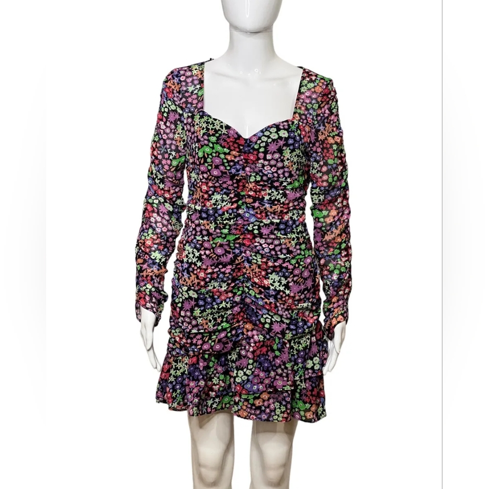 Zara Floral Print Draped Ruched Long Sleeve  Sweetheart Multicolor Mini Dress- M
